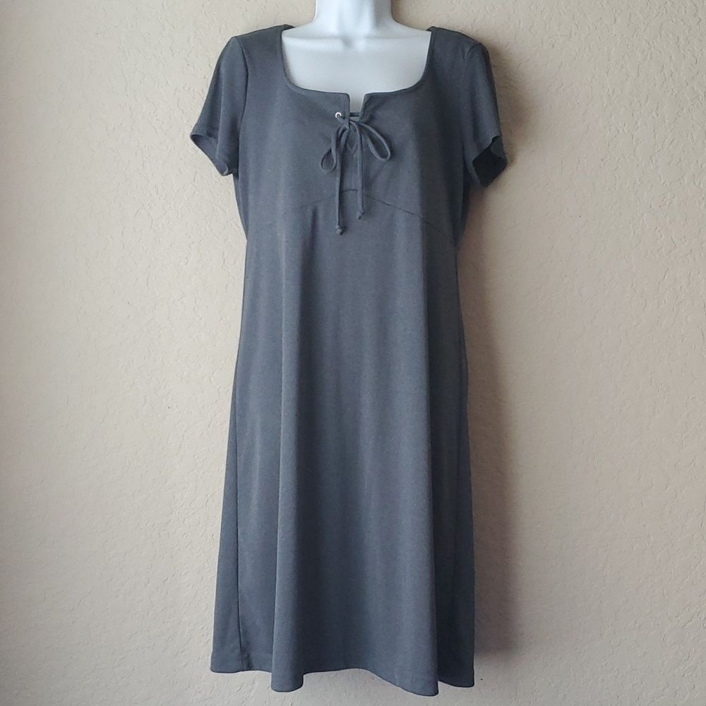 VTG 90s Vintage Blue Gray Dress Medium Square Neck Tie Empire Waist